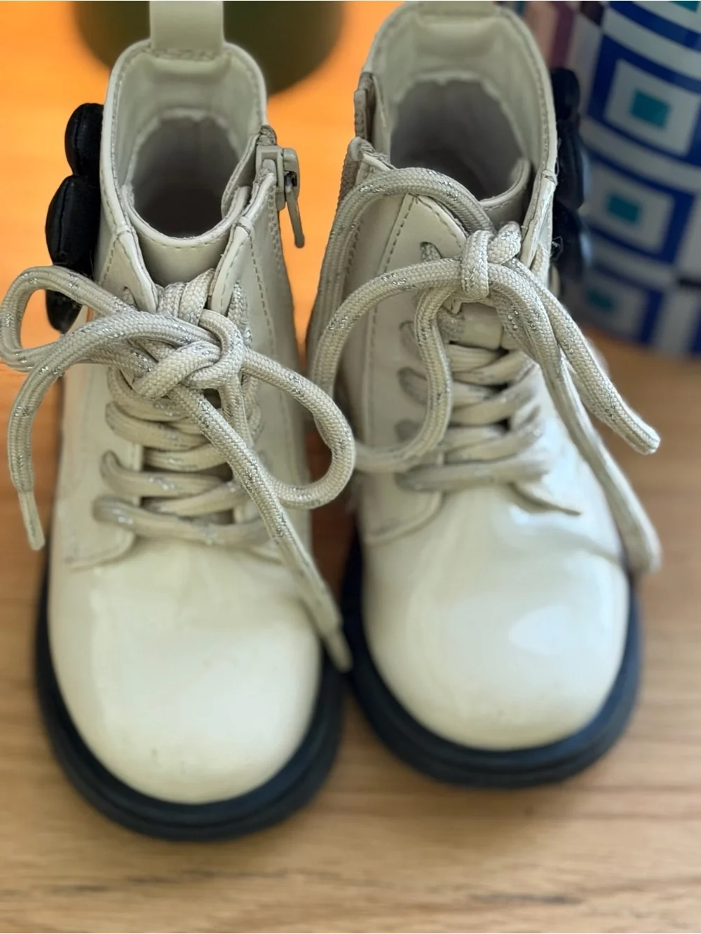 Kids GAP Cream Lace-Up Ankle Boots with Black Flower Accent